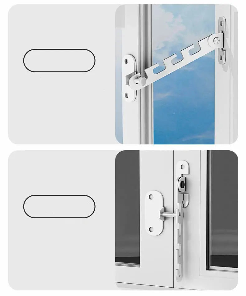 Window locks by Simples Market; white adjustable child-safety latch with stay-open metal bar for windows