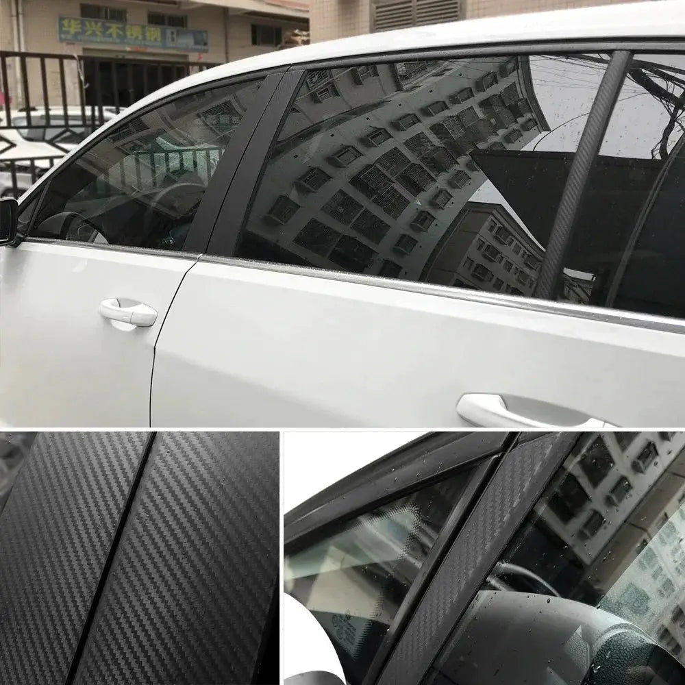 Car wrap film: black carbon fiber vinyl with air-release channels for door and window trim
