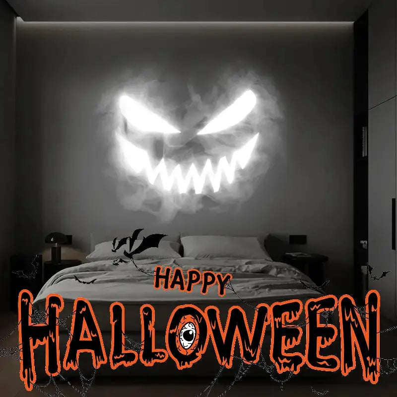 Simples Market Halloween USB projector skull night light with 360° rotating patterns casting ghostly glow on bedroom wall.