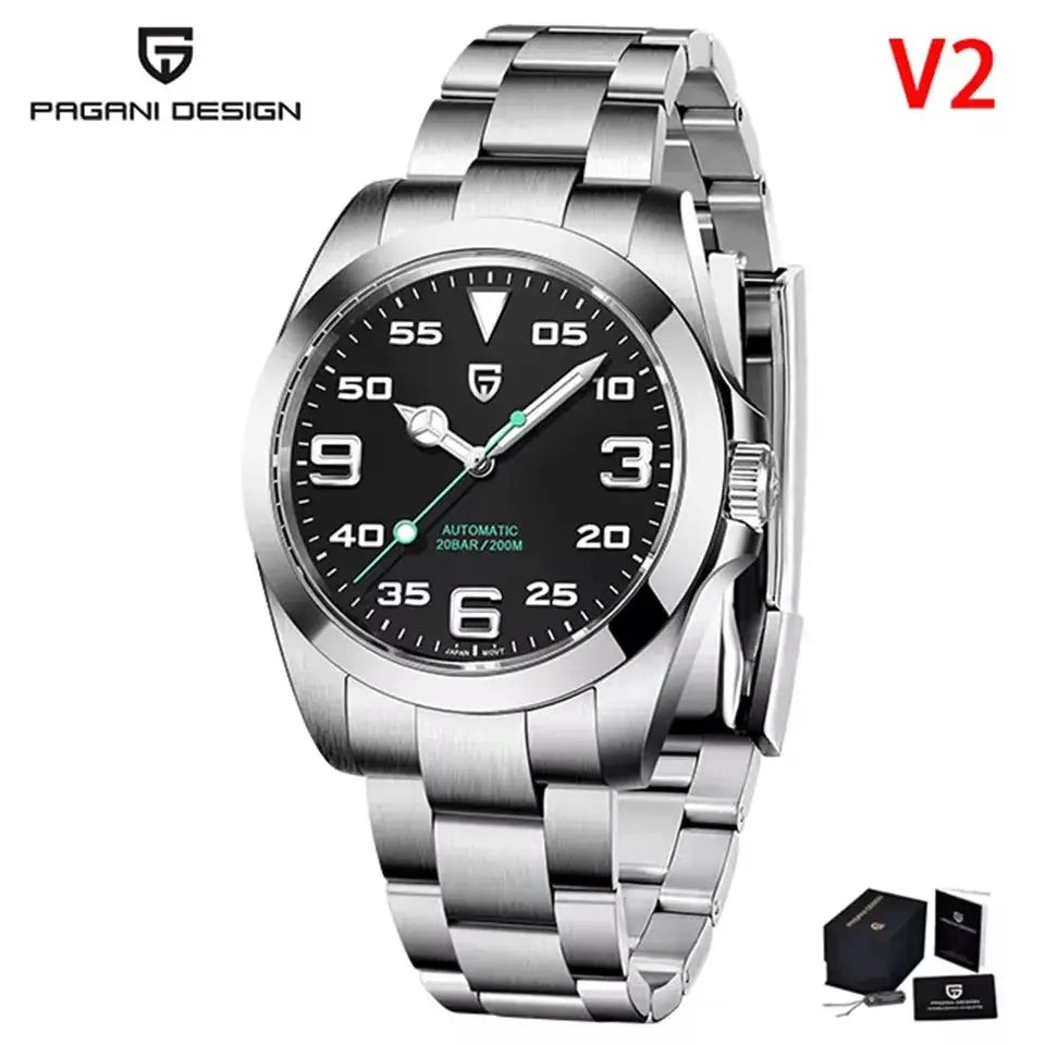 PAGANI DESIGN V3 stainless steel men's watch with black dial, automatic movement, 20BAR/200M, and presentation box