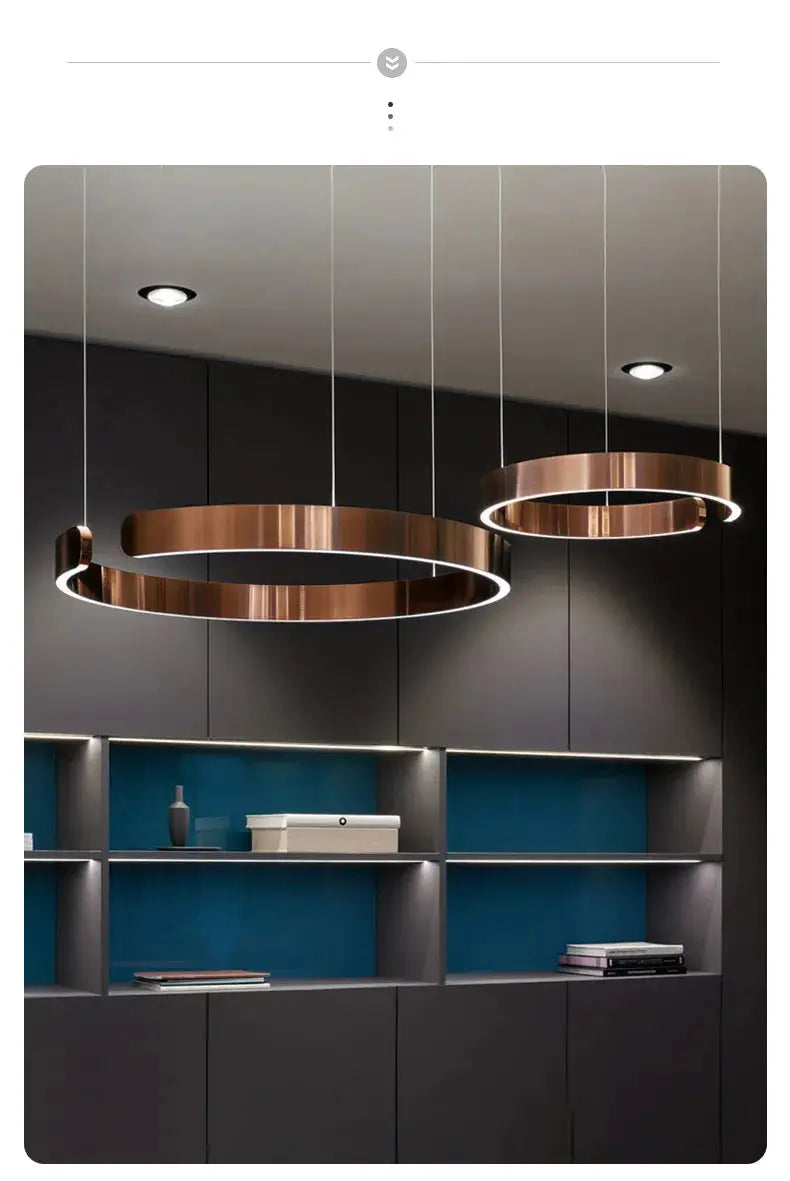 Copper Nordic ring LED pendant lamps, two circular hanging lights with white inner LED ring, dimmable.