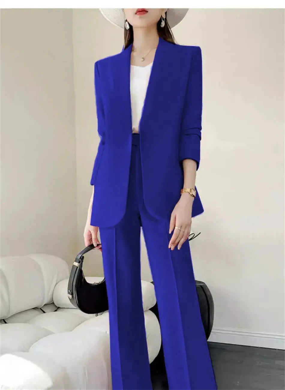 2-piece women's blue pantsuit set with blazer and wide-leg pants, white top