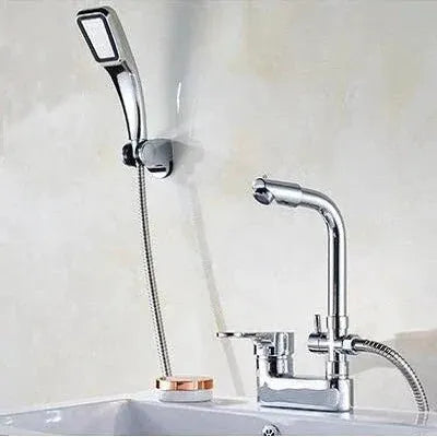 Chrome basin shower faucet by Simples Market with single-handle deck-mounted mixer and handheld shower