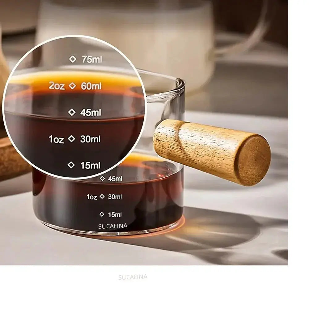 Glass Measuring Cup With Wood Handle For Espresso And Milk Coffee