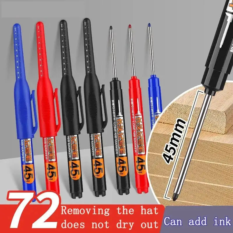 Simples Market 10-pack waterproof long-head marker pens, 45mm tips in blue, red, black; quick-dry, non-toxic ink