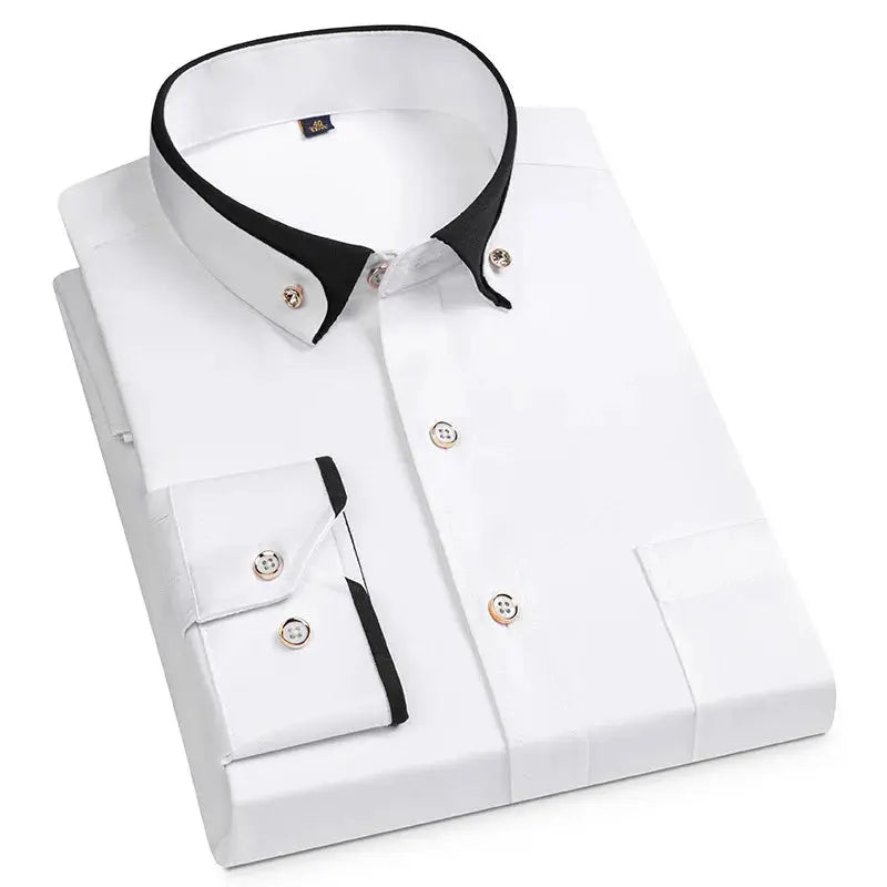 Simples Market men's white button-down dress shirt with black collar trim, cuff accents and chest pocket.