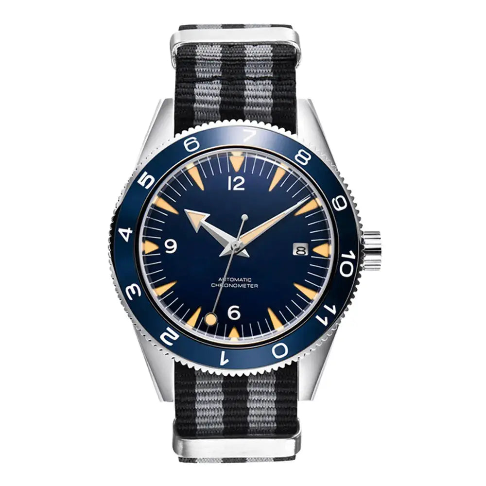 Simples Market 41mm automatic watch with sapphire glass, blue dial, luminous hands, date window, striped nylon strap