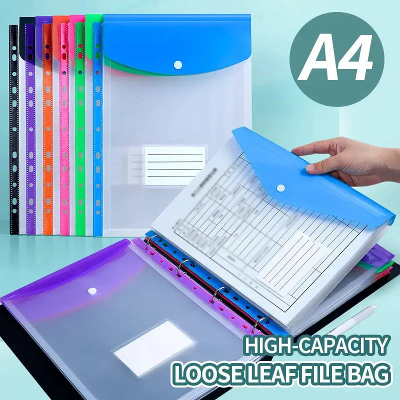 6-piece mixed-color A4 file bag set in translucent PP with 11-hole binder rings and expandable label flap pocket