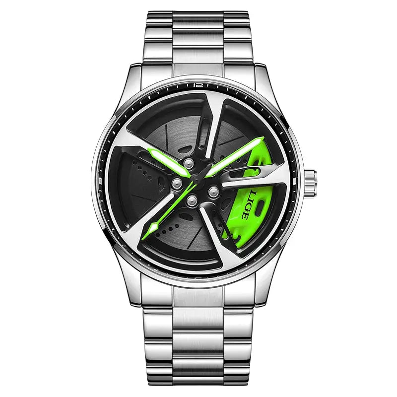 LIGE sport wristwatch with stainless steel band and car-wheel skeleton dial; neon green hands.