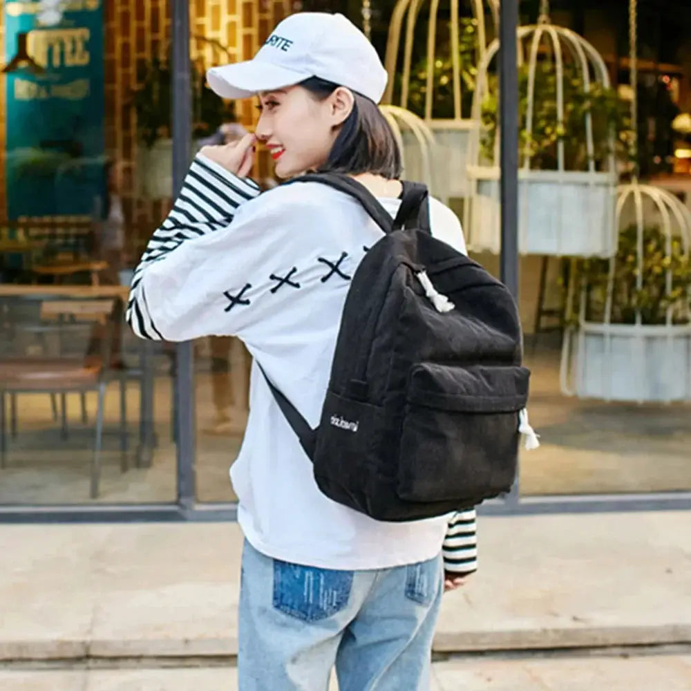 Personalized corduroy student backpack in black by Simples Market