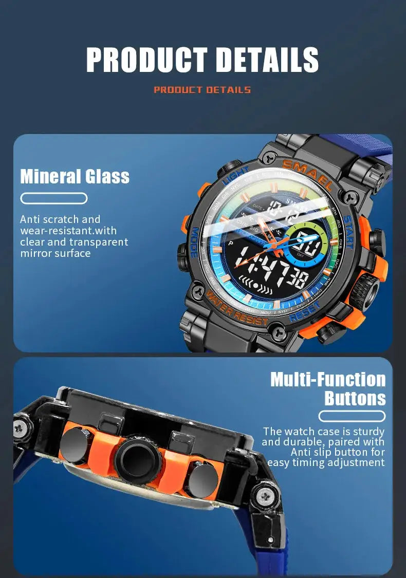 SMAEL 8141 men's digital sport watch with alloy case and blue TPU strap with orange accents