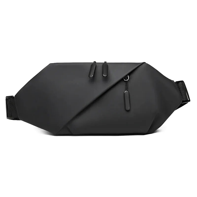 Black men's minimalist waterproof waist bag with diagonal front panel and two zippers.