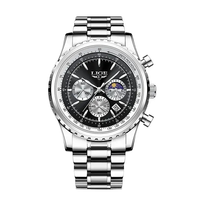 LIGE men's chronograph wristwatch with stainless steel band, black dial, luminous markers and date window