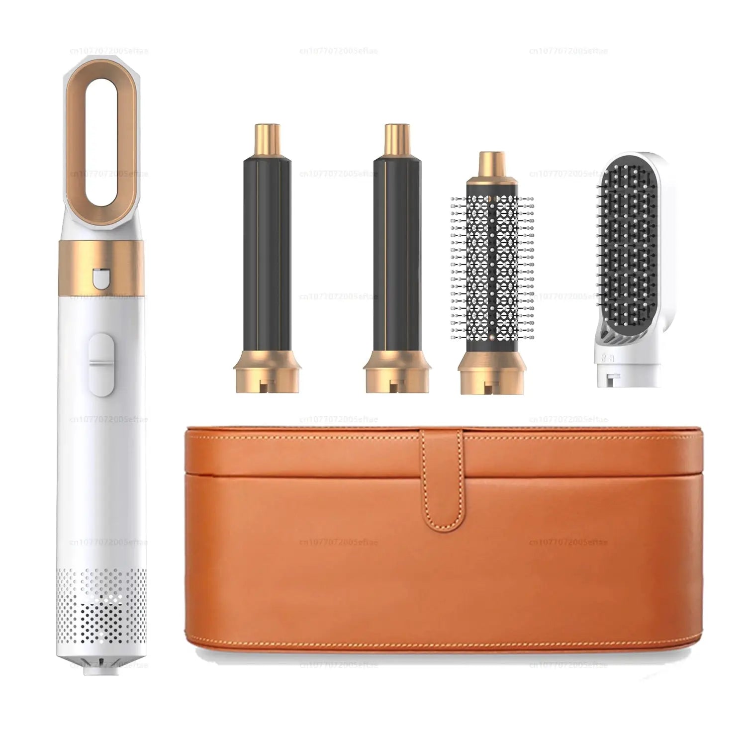 Simples Market 5-in-1 hair styler set with white copper ionic dryer, 4 attachments, and tan leather case