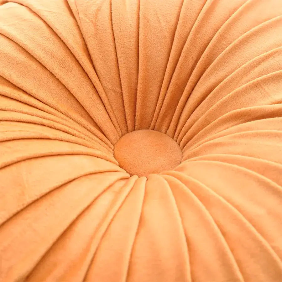 Throw pillow in orange Dutch velvet with hand-sewn pleated 3D pumpkin design for lumbar backrest