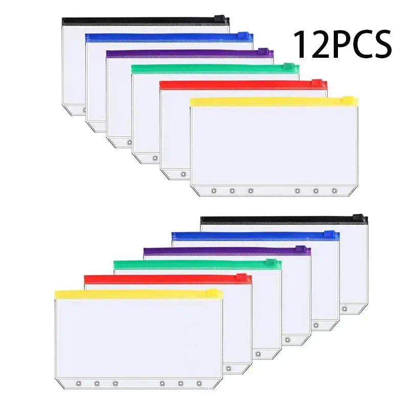 A6 6-Hole binder pockets, waterproof PVC zipper pouches; 12-piece set in assorted colors