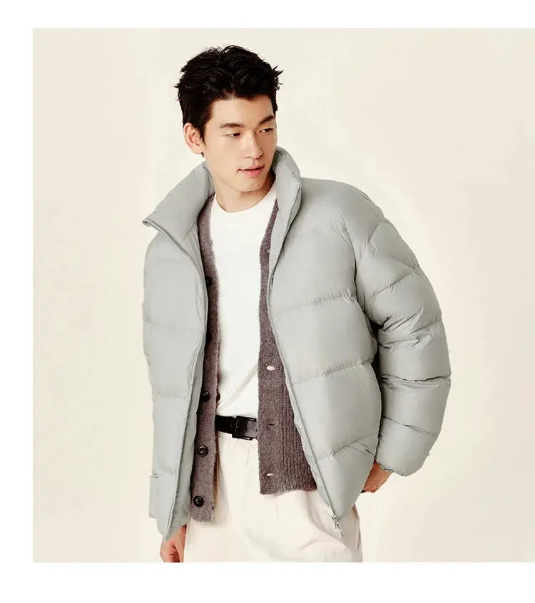 Men's puffer jacket, light gray with stand collar; quilted down winter coat