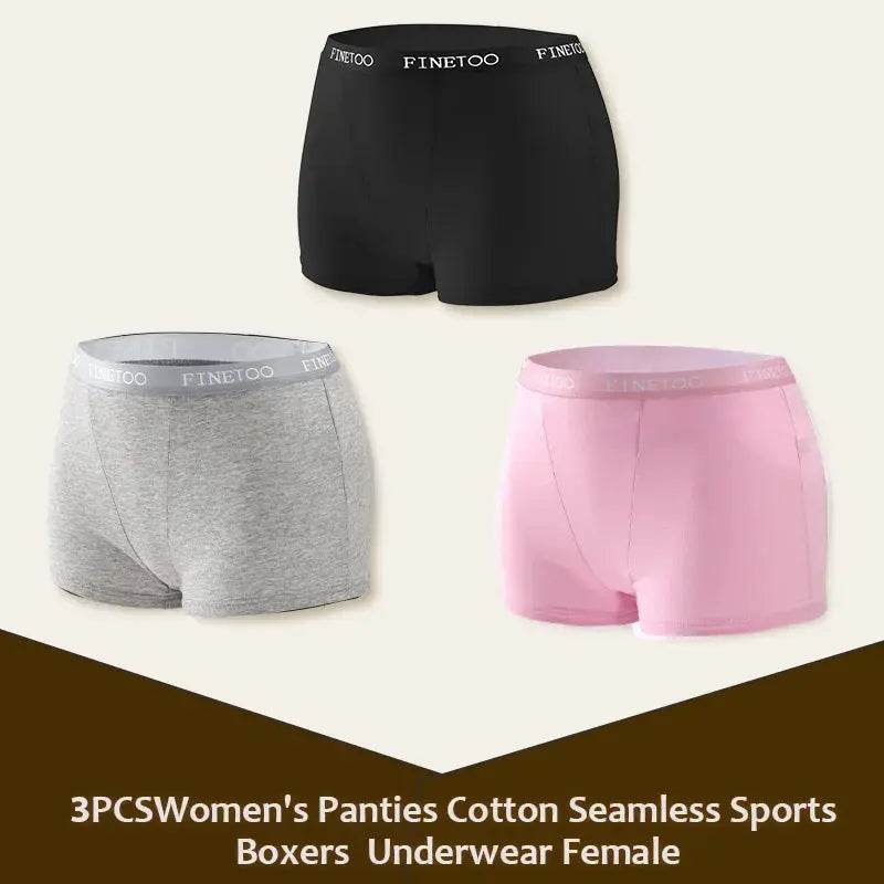 3-pack Finetoo women's cotton seamless boxer briefs in black, gray, and pink