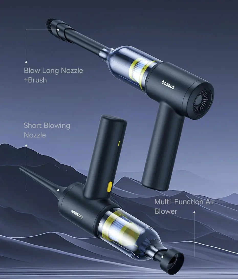 Baseus wireless car vacuum cleaner and air blower; cordless dual-nozzle set in black with yellow accents.