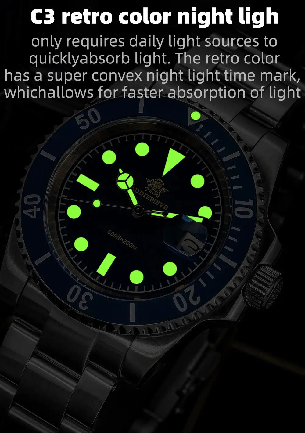 ADDIESDIVE 41mm men's quartz watch by Simples Market with luminous hands/markers, blue bezel, stainless steel bracelet
