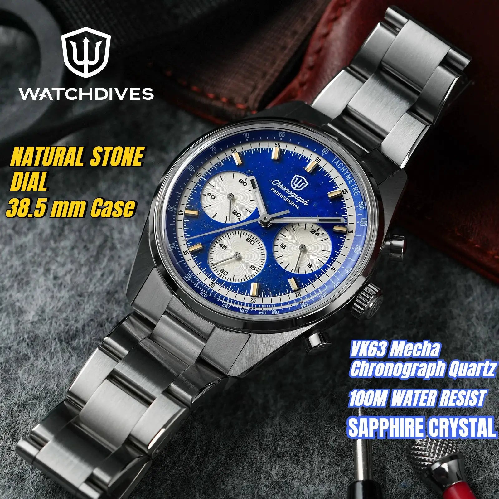 Watchdives WD0526 stainless steel chronograph watch with blue dial and sapphire crystal