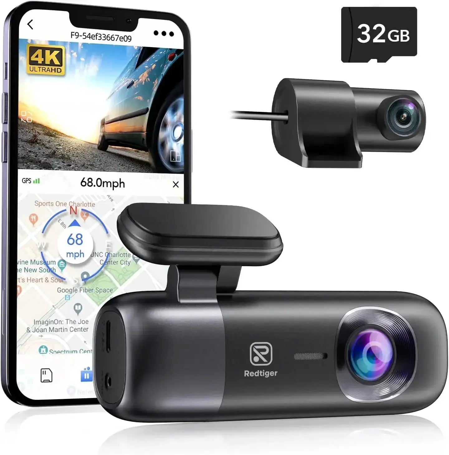 REDTIGER F9 4K dash cam set: front and rear cameras, black with WiFi GPS, 32GB microSD, app control