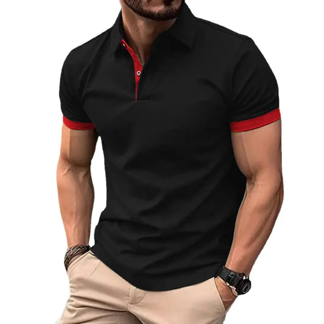 Men's polo shirt, black with red contrast trim on placket and sleeve cuffs, short sleeves, lightweight casual top