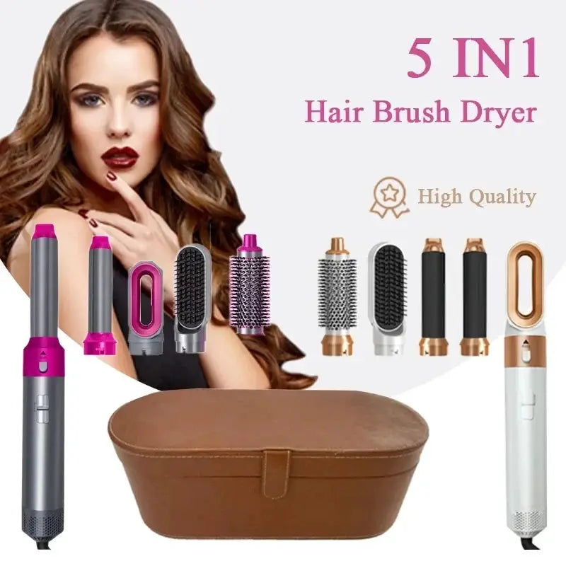 Simples Market 5-in-1 hair dryer brush kit with multiple attachments and brown carrying case
