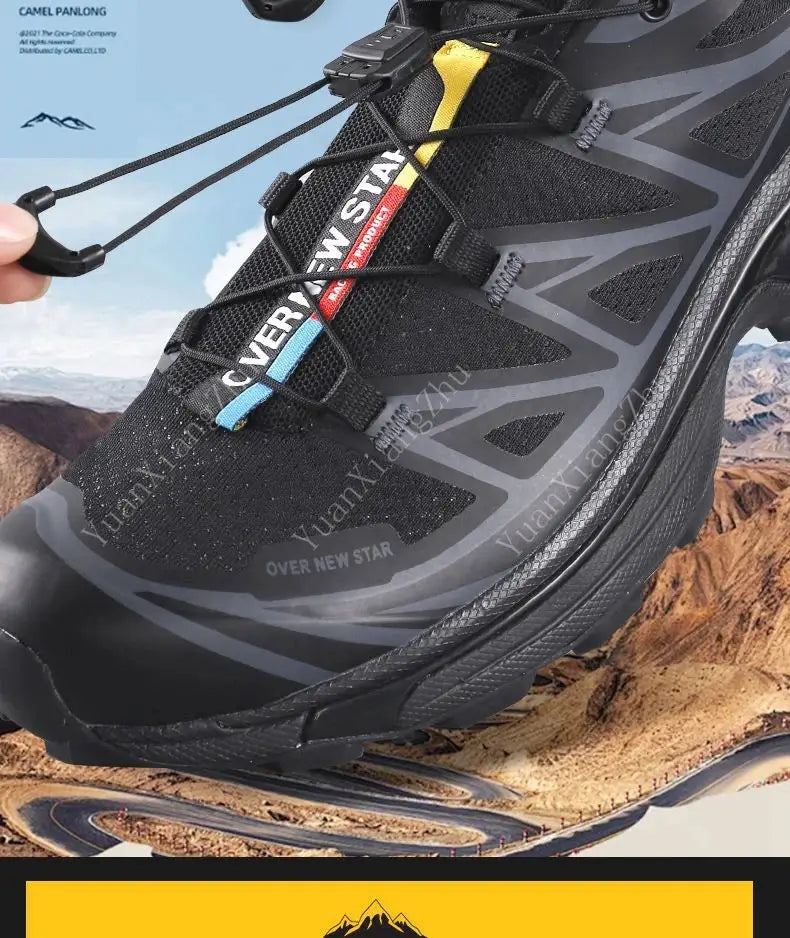 Simples Market no-tie round shoelaces for sneakers; black laces with blue/red/yellow tabs on a hiking shoe