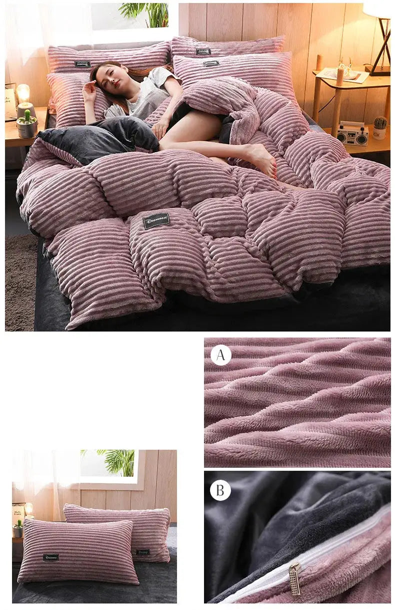 Duvet cover set, 3-piece by Simples Market, thick coral fleece in dusty pink striped with pillowcases