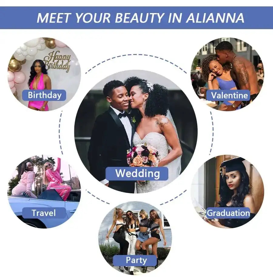 Body Wave 2x6 HD Lace Closure hair collage with a wedding photo centerpiece and icons.