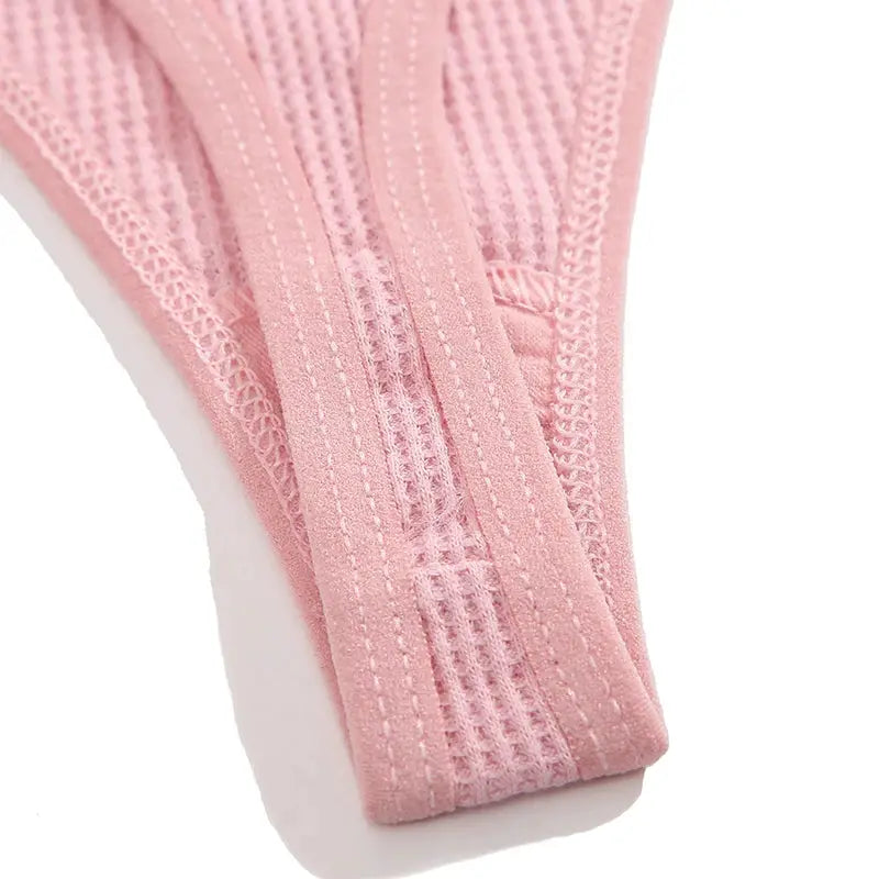 Pink waffle cotton thong panties set for women, 4-pack, V-waist style, solid color underwear