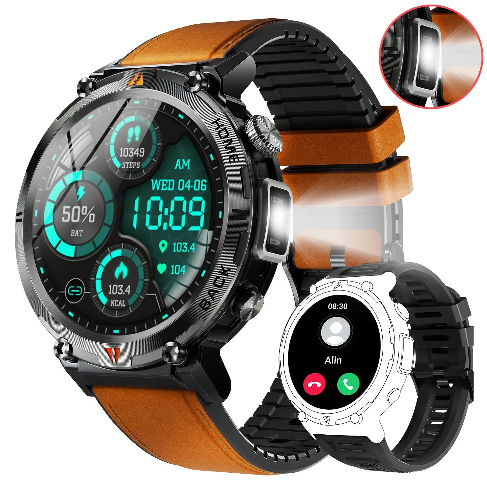 Smartwatch KE3 by Simples Market with full touch screen and heart-rate monitor, black body and brown leather strap