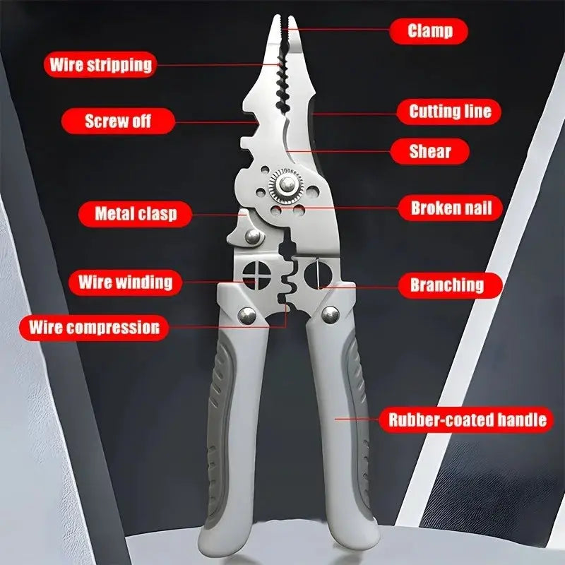 8.5 Inch Multi Functional Wire Stripper Cutter Crimper Heavy Duty Stainless Steel Pliers Ergonomic Grip