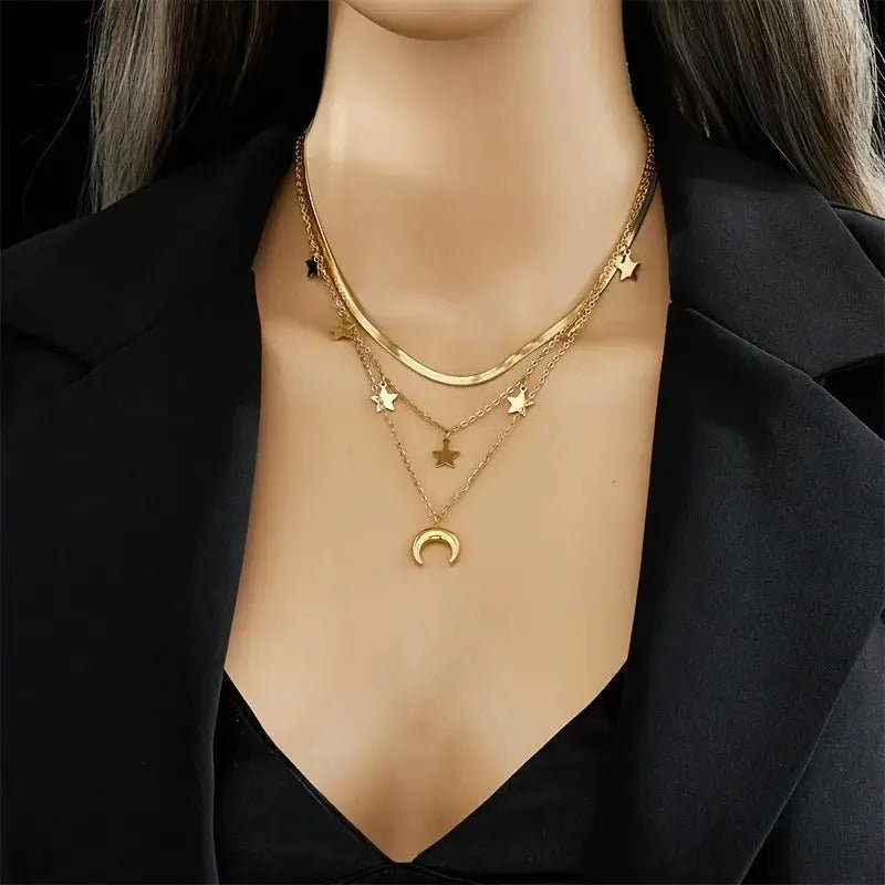 Moon Pendant Necklace For Women Star Moon Multi Layer Personalized Stacking Zinc Alloy Jewelry Accessory Holiday - Simples Market