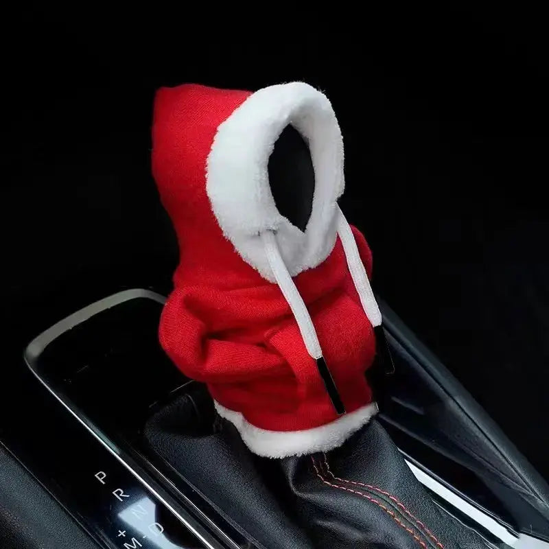 Simples Market red car gear shift hoodie cover with white faux fur trim, fits manual or automatic shift levers.