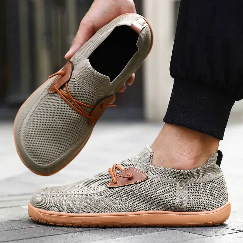 Unisex wide barefoot shoes in breathable beige mesh with tan sole and brown leather accents