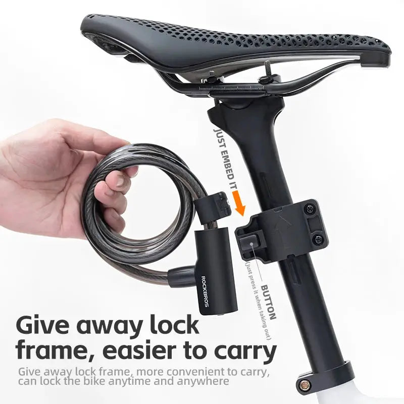 ROCKBROS bicycle lock cable with keys by Simples Market; black zinc-alloy lock with steel cable mounted on a seatpost.
