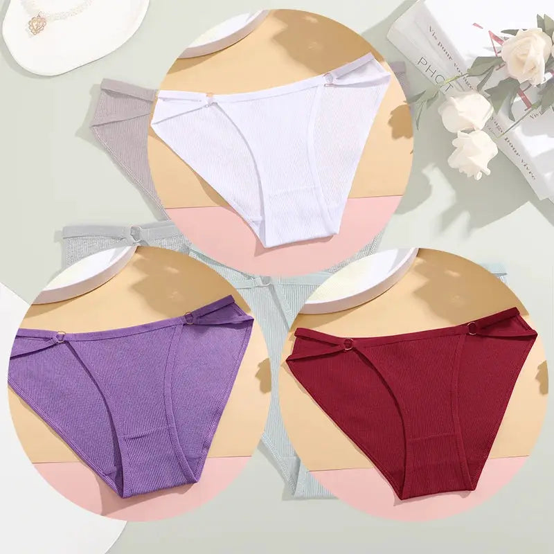 3-pack women's breathable cotton striped panties in white, purple and red