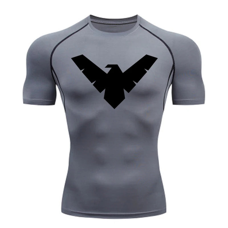 Men's gray short-sleeve compression athletic shirt with black eagle logo, quick-dry fabric.