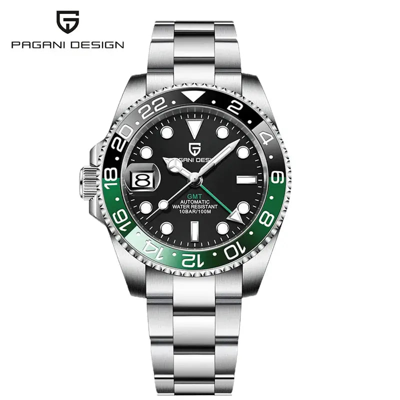 Pagani Design 40mm stainless steel GMT wristwatch with black dial, green and black bezel, date window