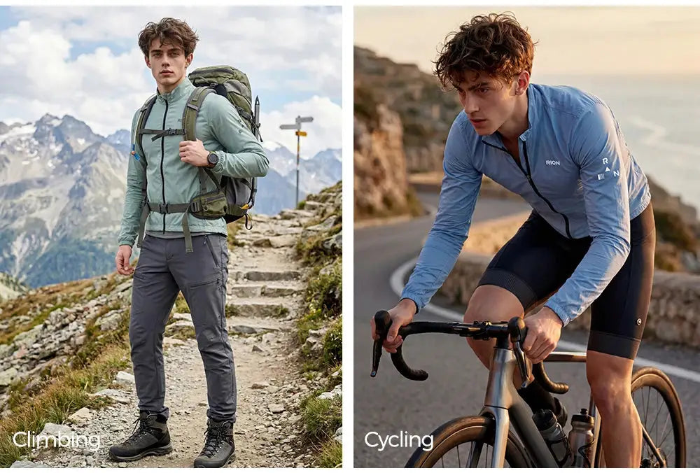 RION men's long-sleeve windbreaker coat in light blue and sage green; windproof, packable outdoor jacket for hiking and cycling.