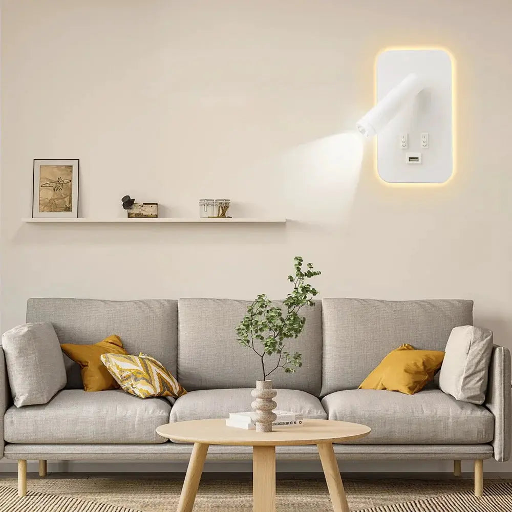 White wall lamp with rotatable head and built-in USB port, wall-mounted sconce