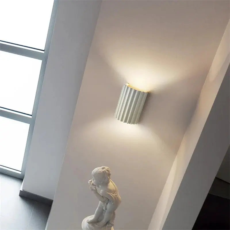 Simples Market Nordic modern resin wall lamp; white ribbed cylindrical wall light for bedroom or living room