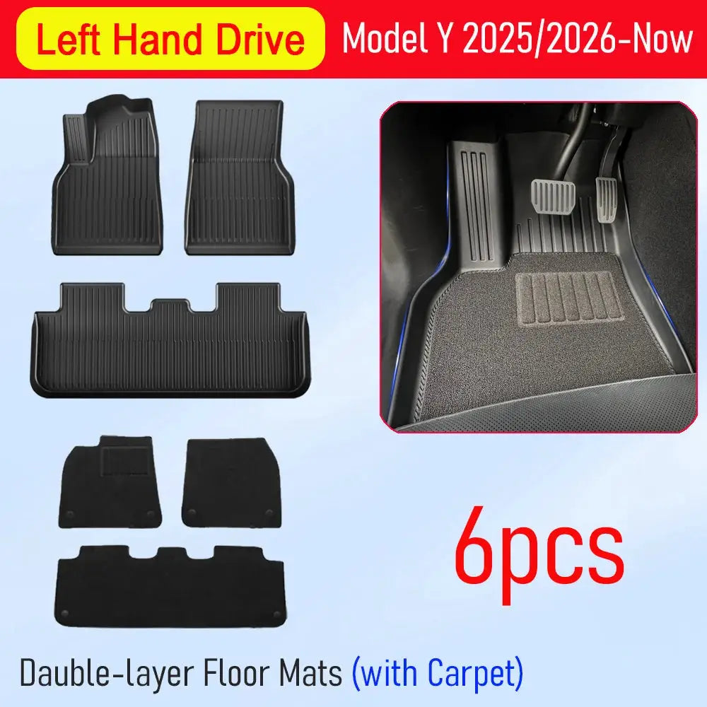 Car floor mats and trunk liner set for Tesla Model Y 2025–2026, 6pcs black TPE all-weather mats by Simples Market