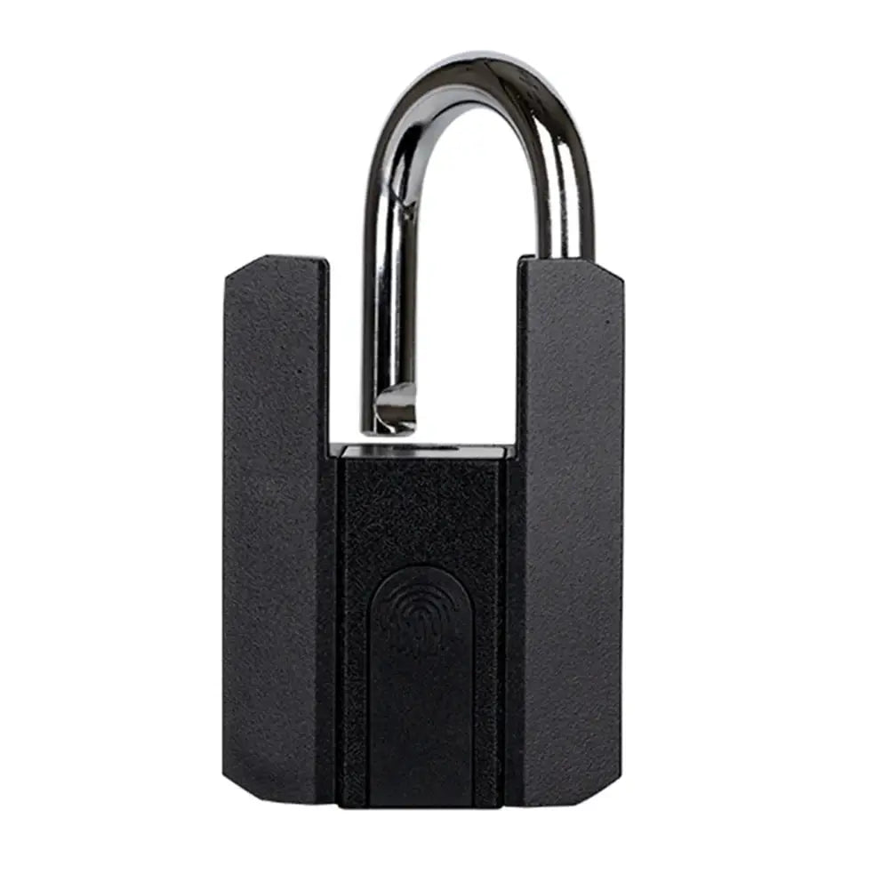 Smart padlock in black with silver U-shaped shackle and fingerprint sensor.
