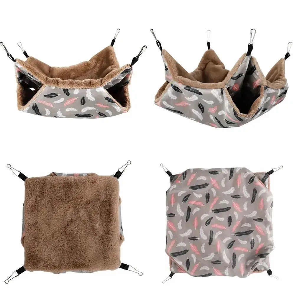 Warm plush hamster hammock sleeping bag nest, double-layer with feather-print gray exterior and brown interior, clips