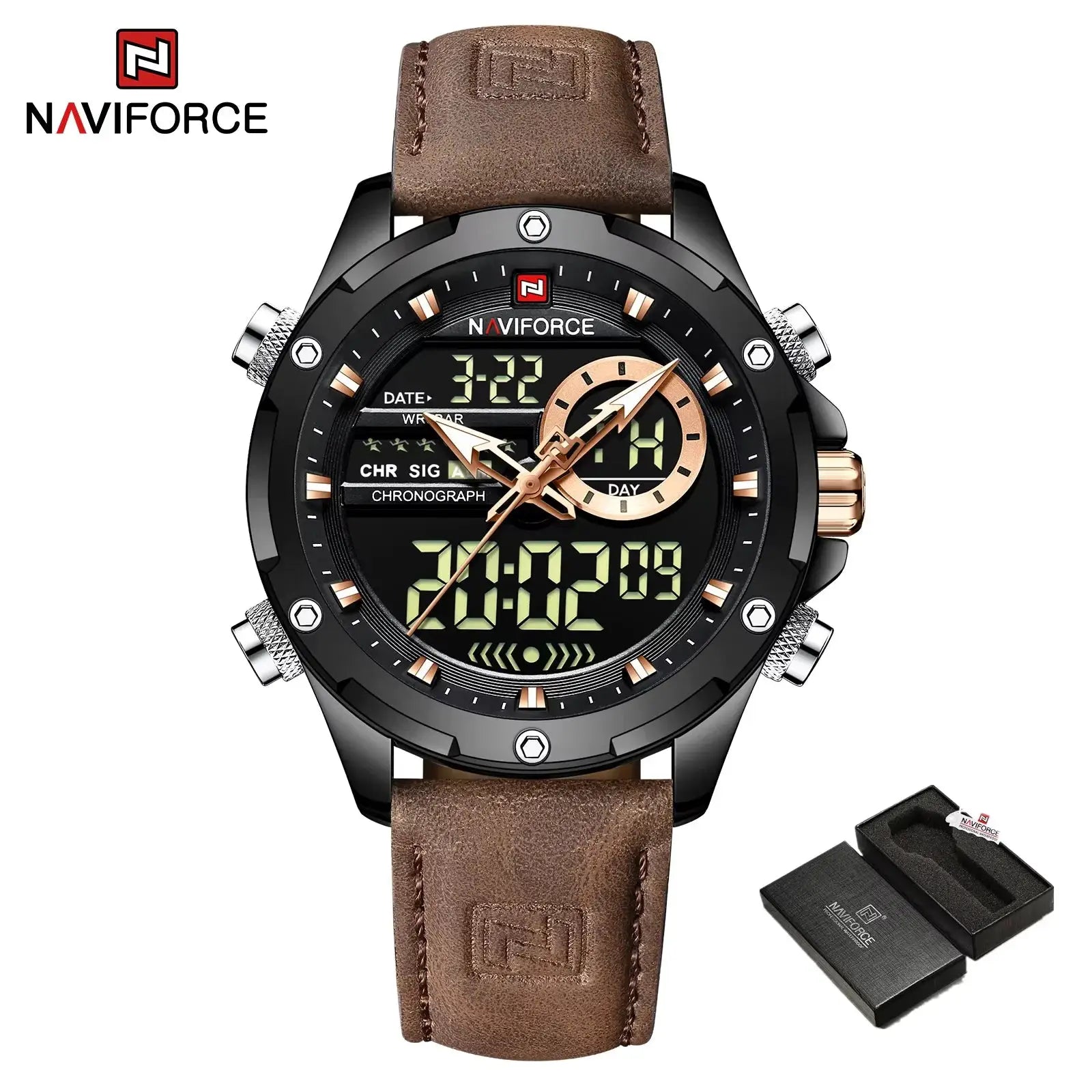 NAVIFORCE men's chronograph watch with brown leather strap and black case, plus box