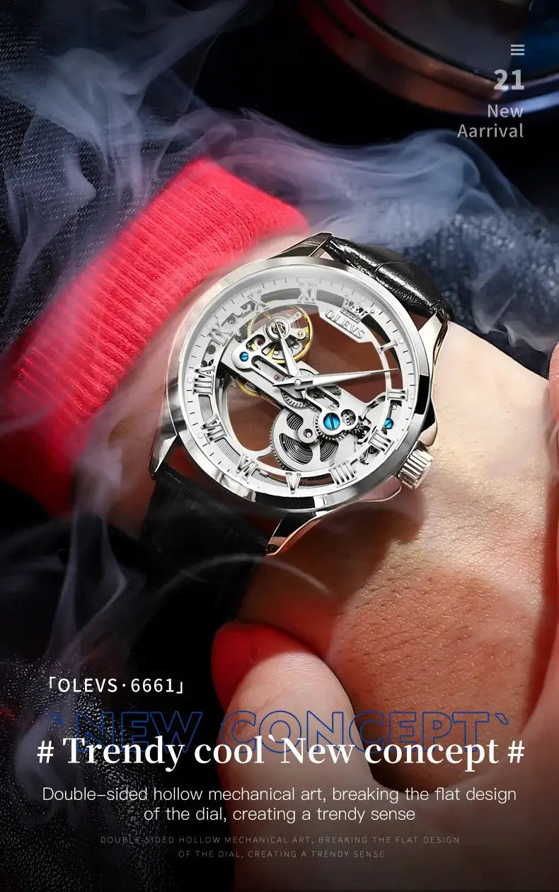 OLEVS 6661 skeleton automatic men's watch with black leather strap, silver case, luminous hands