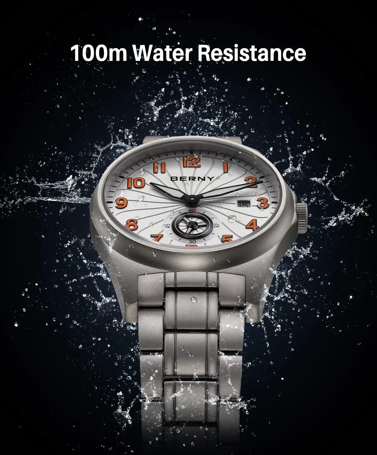 BERNY full titanium automatic men’s watch with orange numerals, silver dial, titanium bracelet, 10ATM water resistance